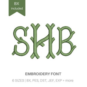 May include: A digital embroidery font design featuring the letters SHB in a stylized, branch-like green script. The image includes a green banner with the text BX included, and the text EMBROIDERY FONT 6 SIZES | BX, PES, DST, JEF, EXP + more.