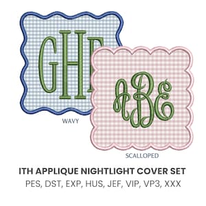 May include: Two embroidered applique nightlight covers featuring gingham fabric. One is blue with a wavy border and green block letters GHP, the other is pink with a scalloped border and green script letters ABC. Text reads ITH APPLIQUE NIGHTLIGHT COVER SET.