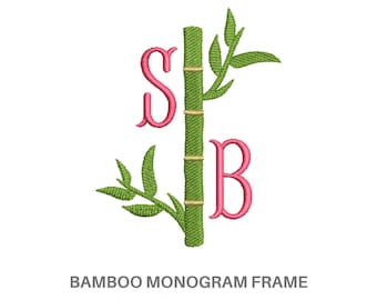 May include: An embroidery design featuring a central vertical green bamboo stalk with light green segments and leaves, flanked by the pink capital letters S and B. The text BAMBOO MONOGRAM FRAME and file formats DST, PES, JEF, EXP + more are below.