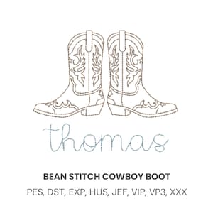 Bota vaquera con puntada de frijol, diseño de bordado a máquina Western Cowboy Quick-Stitch, bastidor de 4x4, 5x7 o 6x10 pulgadas, 6 tamaños, descarga digital instantánea.