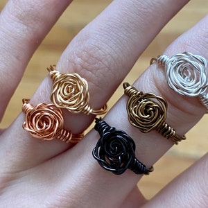 Wire rose flower ring, wrapped flower wire jewelry, non tarnish plated, sizes 2.5- 15, gold, silver, copper, rose gold, or black