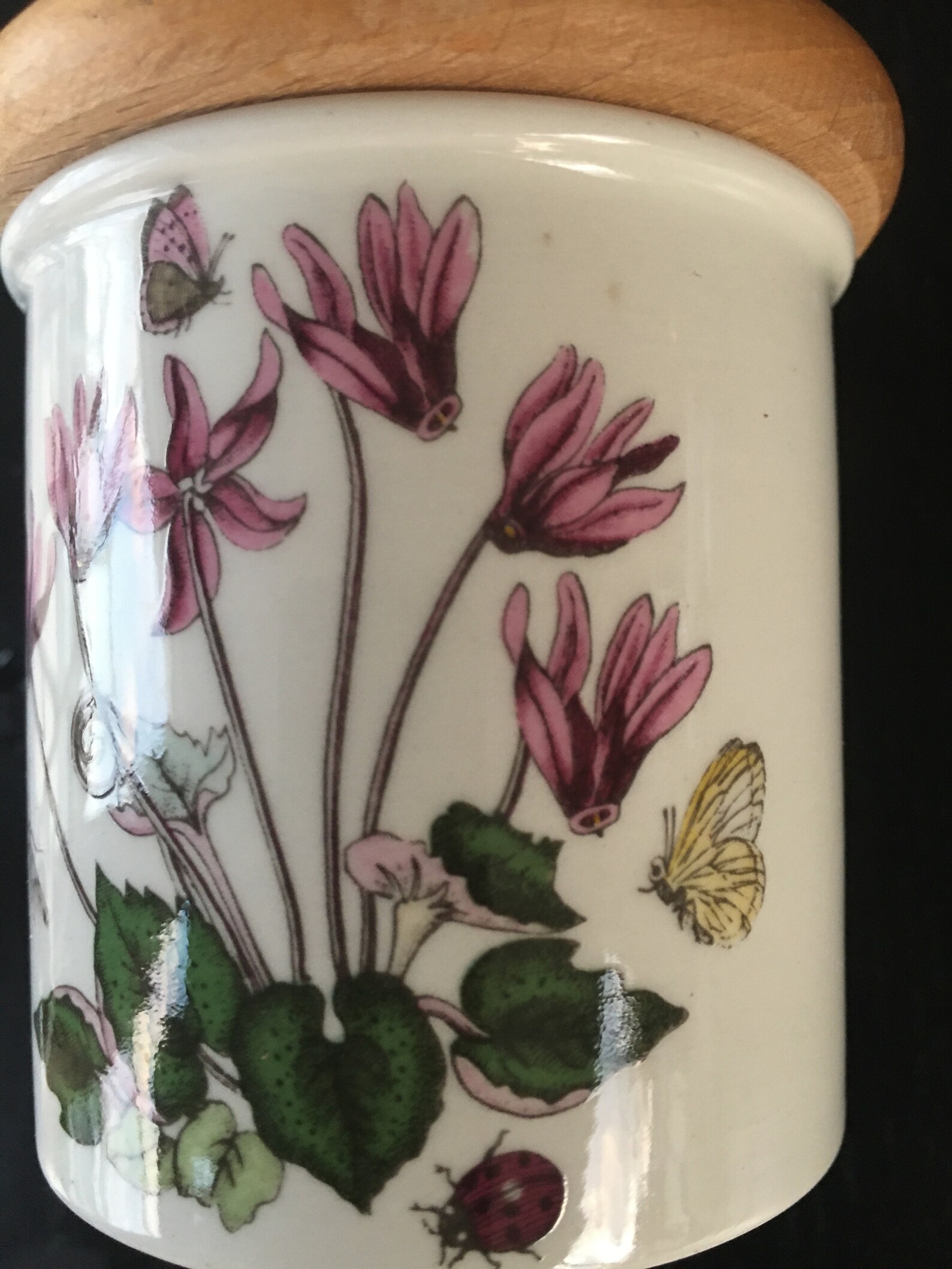 Knick Knack Box Porcelain With Wooden Lid Hand Painted White Flowers