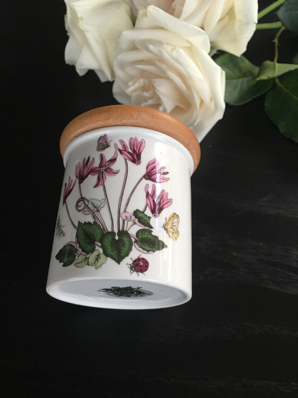 Knick Knack Box Porcelain With Wooden Lid Hand Painted White Flowers