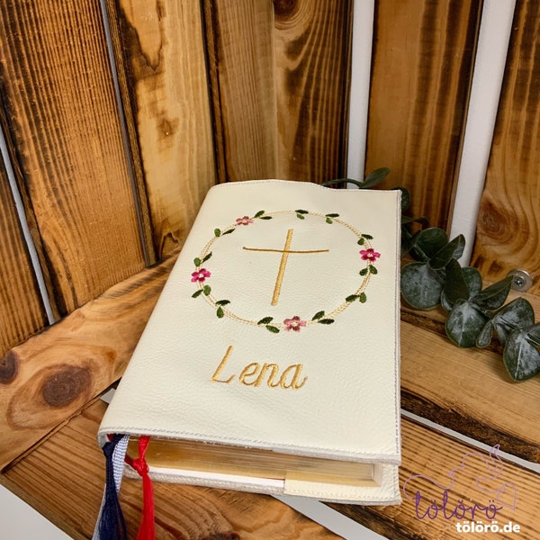 Gotteslobhülle aus echtem Leder Gebetbucheinand Kommunion Blätterkreis mit Blümchnen