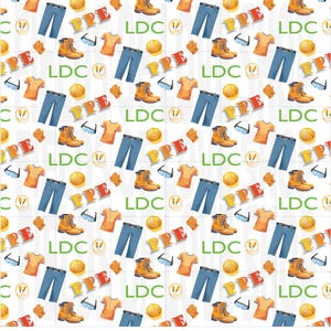 May include: A white background with a repeating pattern of safety gear, including work boots, safety glasses, hard hats, gloves, jeans, and t-shirts. The words "PPE" and "LDC" are repeated throughout the pattern.