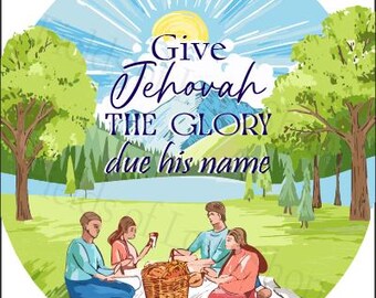 Puede incluir: Una ilustración colorida de una familia disfrutando de un picnic en un parque. El texto dice "Dad a Jehová la gloria que se debe a su nombre" y "Salmo 96:8".
