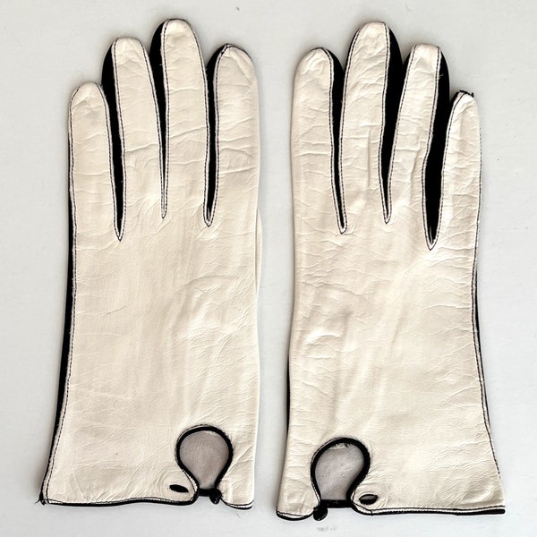 Vtg 1960s Womens French Kid Leather Gloves Black & White with Button Closure Size 7