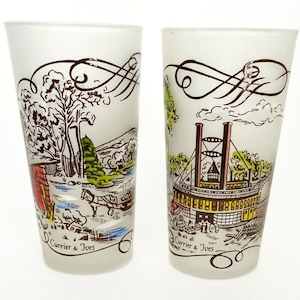 2 Vintage Federal Glass Frosted Tumblers Currier and Ives Gay Fad