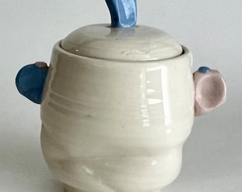 Vintage 1987 Voorhees Pottery Sugar Bowl Jar w/Lid White Blue Pink