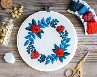 Hand Embroidery Pattern Blue Winter Wreath | Floral Botanical Digital Download PDF Beginner Friendly Modern Embroidery Pattern