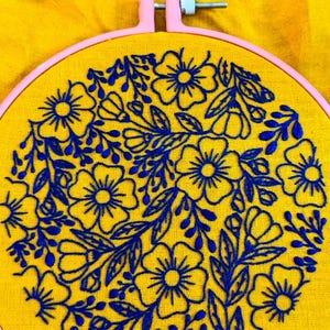 Puede incluir: Primer plano de un bastidor de bordado con un dise&ntilde;o floral. La tela amarilla est&aacute; bordada con flores y hojas azules. El bastidor es rosa y el fondo es tela amarilla.