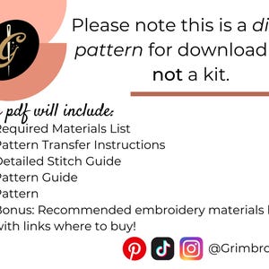 Puede incluir: Anuncio de patr&oacute;n de bordado digital con texto: "Tenga en cuenta que este es un patr&oacute;n digital para descargar y no un kit". El PDF incluye una lista de materiales, instrucciones, gu&iacute;a de puntadas, gu&iacute;a de patrones y lista de materiales adicionales.