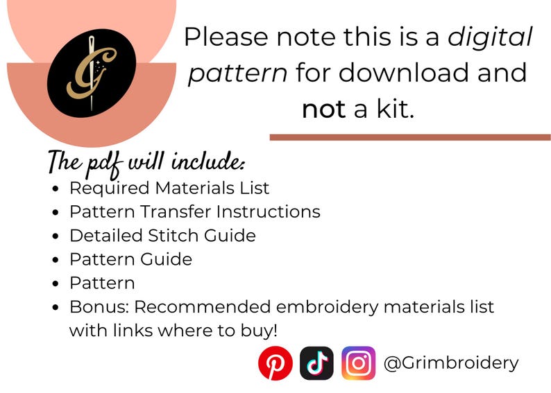 Puede incluir: Anuncio de patr&oacute;n de bordado digital con texto: "Tenga en cuenta que este es un patr&oacute;n digital para descargar y no un kit". El PDF incluye una lista de materiales, instrucciones, gu&iacute;a de puntadas, gu&iacute;a de patrones y lista de materiales adicionales.