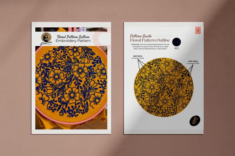 Puede incluir: Dos p&aacute;ginas de una gu&iacute;a de patrones de bordado floral. La p&aacute;gina izquierda muestra un bastidor de bordado completo con un fondo amarillo y un dise&ntilde;o floral azul. La p&aacute;gina derecha es una gu&iacute;a de patrones con un dise&ntilde;o floral amarillo.
