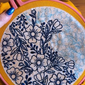 Puede incluir: Dise&ntilde;o floral bordado en un aro redondo. El dise&ntilde;o presenta flores y hojas azul oscuro sobre una tela color crema. El aro es rosa y la tela est&aacute; sobre un fondo amarillo. El bordado es un proyecto artesanal.