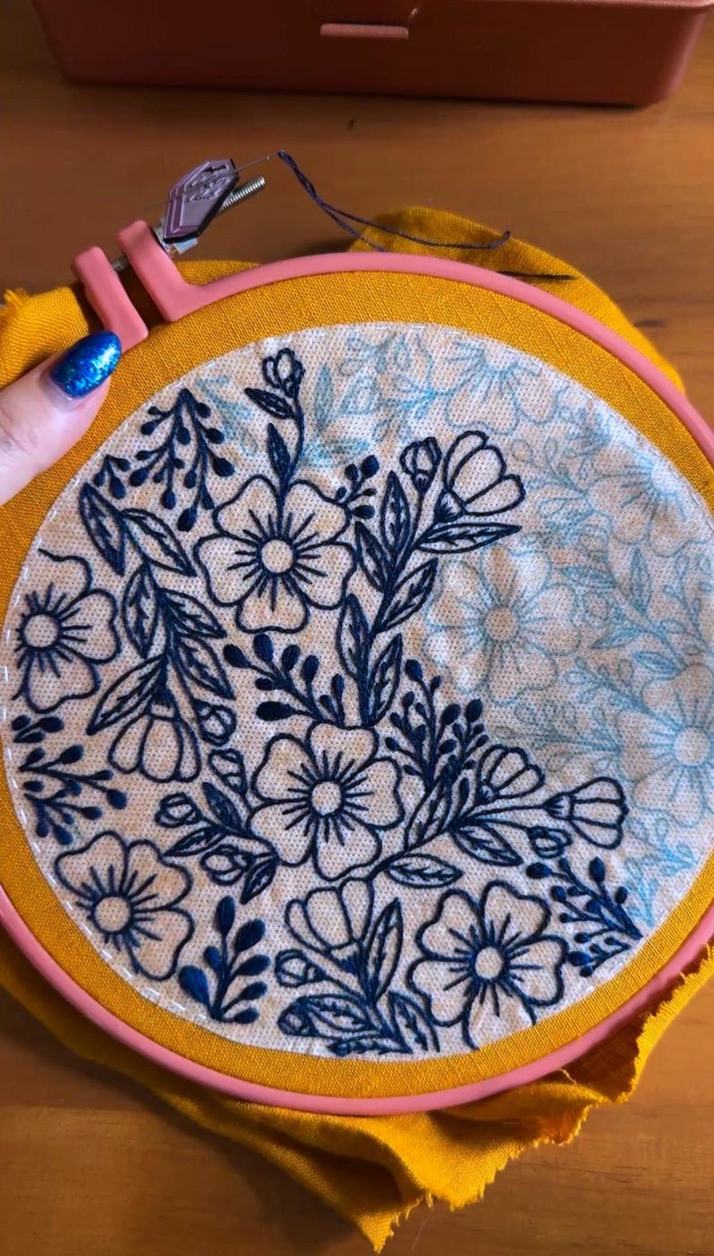 Puede incluir: Dise&ntilde;o floral bordado en un aro redondo. El dise&ntilde;o presenta flores y hojas azul oscuro sobre una tela color crema. El aro es rosa y la tela est&aacute; sobre un fondo amarillo. El bordado es un proyecto artesanal.