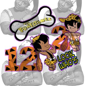 May include: A colorful birthday design featuring the Flintstones characters, a purple bone with the text "The Flintstones", and the number 12 with a black outline. The text "Look Who's" is in a white circle with a black outline. The design is on a white background.