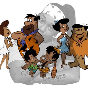 May include: A cartoon illustration of the Flintstones family. Fred, Wilma, Pebbles, Bamm-Bamm, and a grayed out image of a woman in the background. The characters are all wearing their signature clothing.