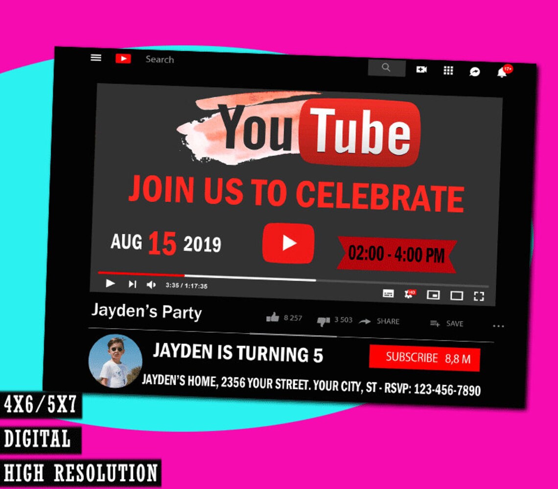 Youtube Digital Invitation Youtube Evite Youtube Etsy
