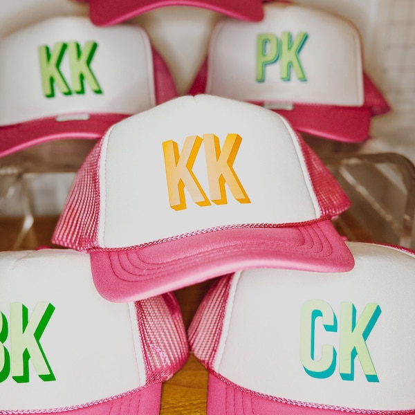 Custom Shadow Monogram 5 Panel Trucker Hat + Adjustable Snapback | Gifts for Her | Honeymoon | Preppy Gift | Pool Hat Spring and Summer