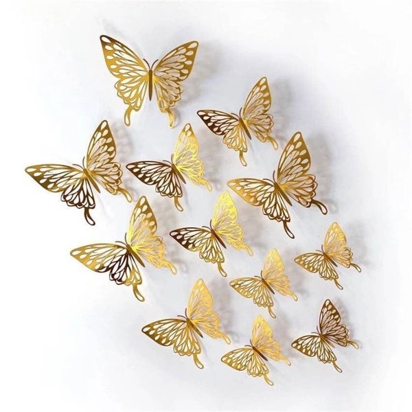 3D Gold Butterflies Wall Decor. 3 to 4 Inches Foil Butterfly Set. Set of 12 pieces.