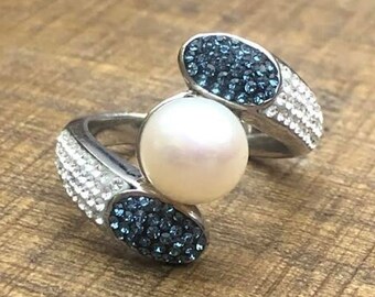 Vintage Pearl, Pearl Ring, Sapphire and CZ Ring, 925 Silver Ring, Faux Pearl, Gemstone