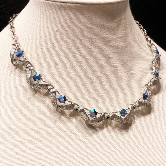 Silver Statement Necklace with Blue Rhinestones, … - image 2