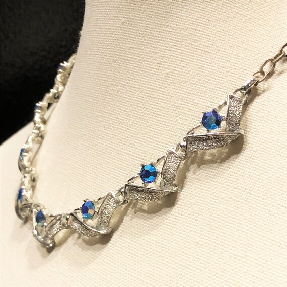 Silver Statement Necklace with Blue Rhinestones, … - image 3