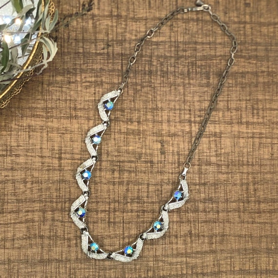 Silver Statement Necklace with Blue Rhinestones, … - image 6
