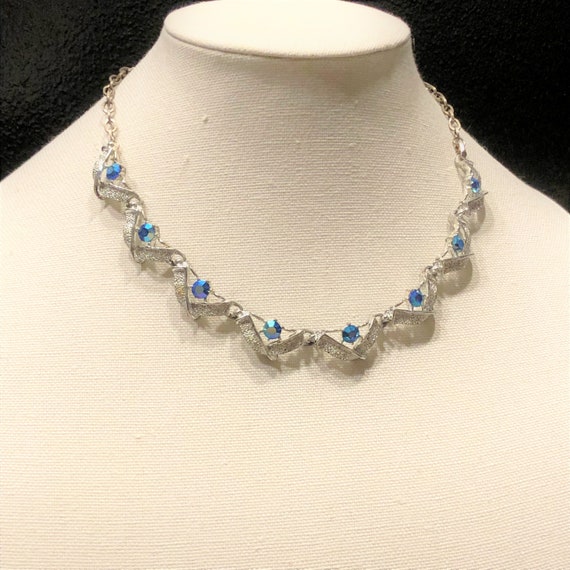Silver Statement Necklace with Blue Rhinestones, … - image 1