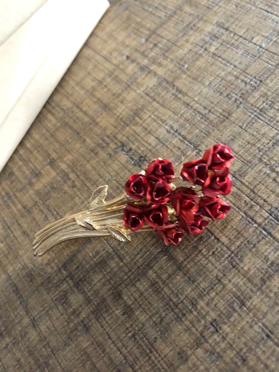 Rose Brooches, Rose Brooch Set, Red and Gold Pin,… - image 4