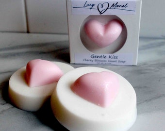 Handmade Valentines  Heart Soap,  Cherry Blossom Soap, Gentle KISS Soap,  Gift for Her, Mothers Day Gift, Bathroom Décor