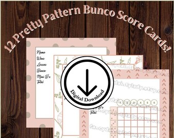 bunco cards, bunco score sheet, bunco score card, bunco bundle, bunco digital, bunco, pretty pattern bunco cards, group game, dice game