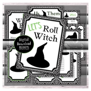 May include: A collection of printable game cards featuring a black and white damask border and witch hat silhouettes. The central card displays the text Let's Roll Witch in black and green. A circular overlay reads Digital Download BUNCO.