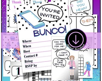 May include: A collection of printable Bunco party invitation and game score sheets featuring black polka dots, speech bubbles with text including YOU'RE INVITED, DID YOU HEAR, and CAN YOU COVER FOR ME, plus an illustration of a person and a smartphone.