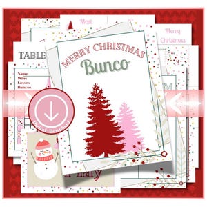 May include: A collection of printable Christmas Bunco game sheets featuring red and pink pine tree illustrations, a snowman graphic, and text including Merry Christmas Bunco, Table, Name, Wins, Losses, and Buncos, with a digital download icon.
