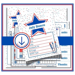 Bunco score card, bunco score sheet, bunco digital, bunco download, printable bunco, bunco themes, July bunco, July 4th bunco, summer bunco