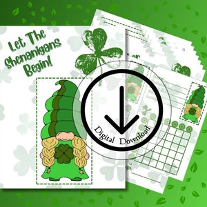 Tarjeta de puntuación de bunco, hoja de puntuación de bunco, bunco digital, descarga de bunco, bunco imprimible, temas de bunco, bunco de trébol, bunco de gnomo, bunco