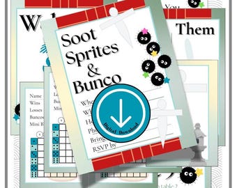 bunco score card, bunco score sheet, bunco digital, bunco download, printable bunco, bunco themes, Spirited bunco, Soot sprites bunco