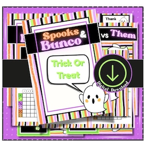 May include: A stack of Halloween-themed printables with the text "Spooks & Bunco" and "Trick or Treat." The design features a ghost, dice, and a "Digital Download" badge. The color scheme includes purple, orange, black, and green.