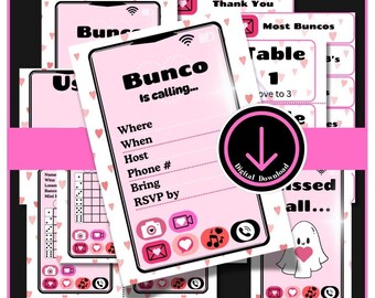 May include: A collection of printable Bunco game cards and score sheets featuring a pink smartphone interface design with heart patterns. The cards include text fields for event details, a ghost graphic, and a circular Digital Download badge.