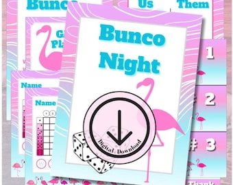 Może przedstawiać: Zestaw kart do gry Bunco do druku z motywem różowego flaminga na różowo-niebieskim tle z gradientem. Karty zawierają tekst, taki jak Bunco Night, Us, Them i Name, oraz ilustracje kości do gry i flamingów.