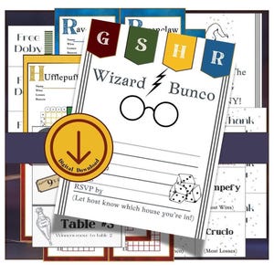 May include: A collection of printable Wizard Bunco game materials. The central card features the title "Wizard Bunco" with glasses and a lightning bolt graphic. Includes "Digital Download" icon, dice, and house banners.