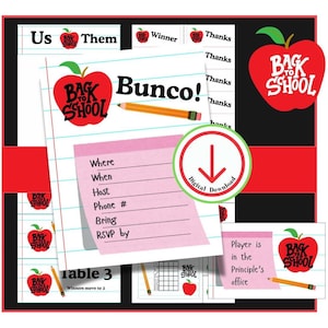 Back to school bunco, bunco score card, bunco score sheet, bunco digital, bunco download, fall bunco, bunco themes, school bunco, bunco