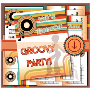 May include: A stack of retro-themed party invitations and game sheets. The design features a disco ball, musical notes, and the words "70's Bunco" and "Groovy Party!" in a vintage font. A digital download badge is also visible.