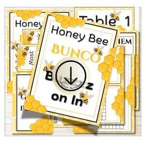May include: A stack of printable Honey Bee themed Bunco game sheets. The main sheet has the words "Honey Bee Bunco" with a bee graphic and a digital download symbol. The sheets are white with yellow honeycomb and bee accents.