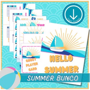 Bunco d'été, carte de pointage de bunco, feuille de pointage de bunco, bunco numérique, téléchargement de bunco, bunco de bateau, thèmes de bunco, bunco de plage, bonjour bunco d'été