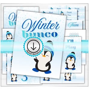 May include: A collection of printable Winter Bunco game cards featuring a cartoon penguin wearing a blue winter hat. The cards include text such as Winter Bunco, Thank You, and I'll Play, set against a light blue background with snowflakes.