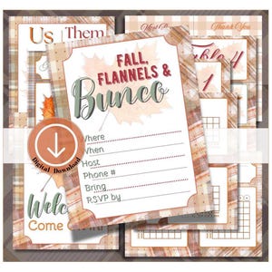May include: A collection of printable party stationery featuring a plaid pattern and autumn leaf motifs. The central invitation displays the text Fall, Flannels & Bunco with blank lines for event details, alongside scorecards and signage.