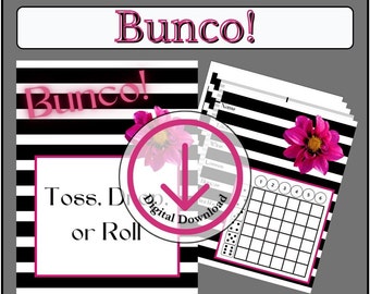 tarjetas bunco, hoja de puntuación bunco, tarjeta de puntuación bunco, bunco digital, paquete bunco, fiesta bunco, bunco, bunco de rayas y flores, bunco rosa fuerte